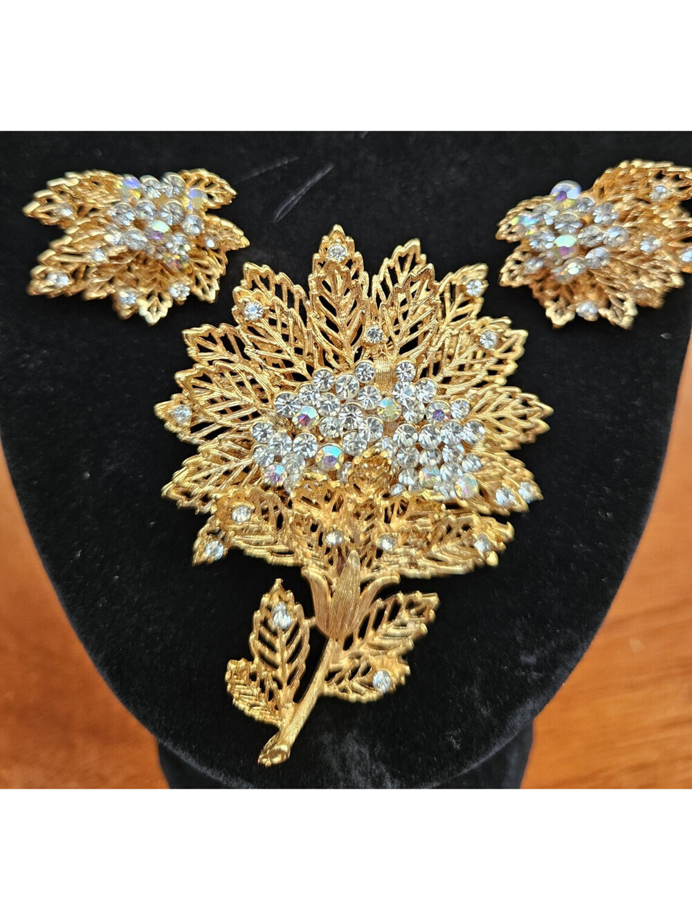 Vintage AB & Clear Rhinestone Brooch & Clip on Earring Set Satin Gold-Tone